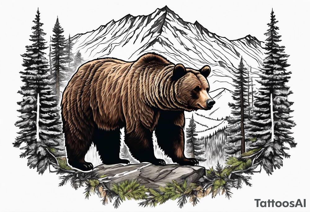 grizzly bear mountain forest tattoo idea