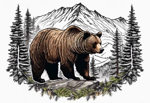 grizzly bear mountain forest tattoo idea