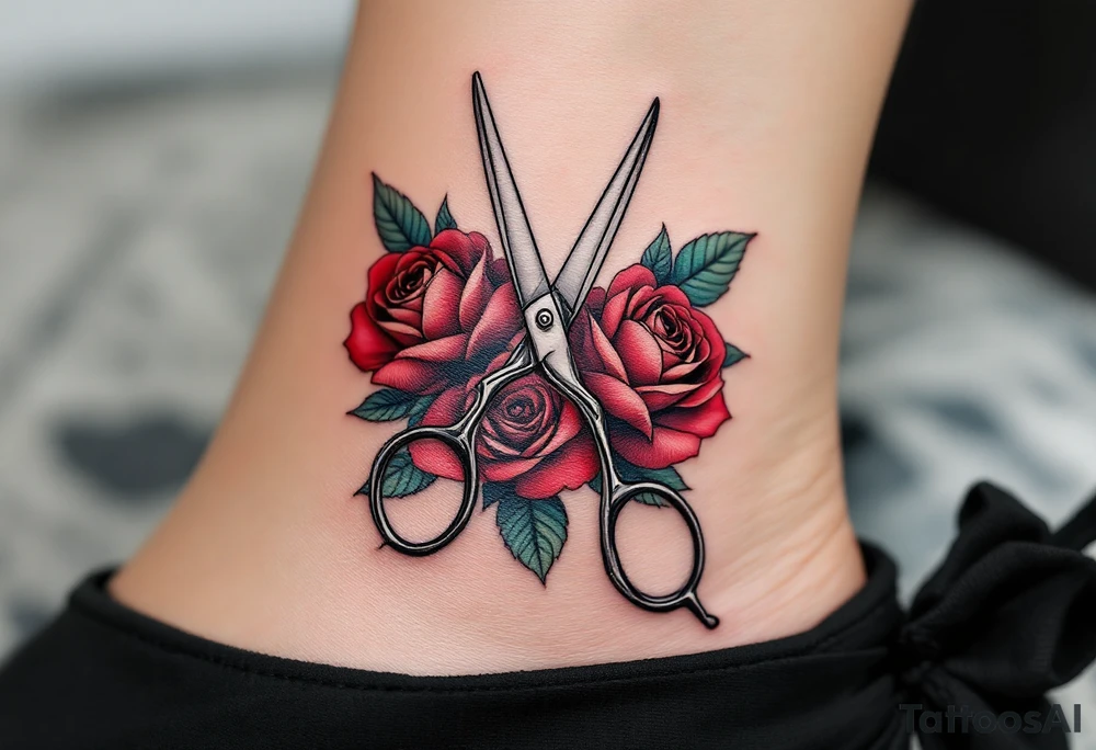 Scissors with Roses Tattoo – A pair of silver scissors cutting through roses with deep red petals and green leaves, symbolizing the balance of beauty and precision, with delicate detailing in black and gray. tattoo idea