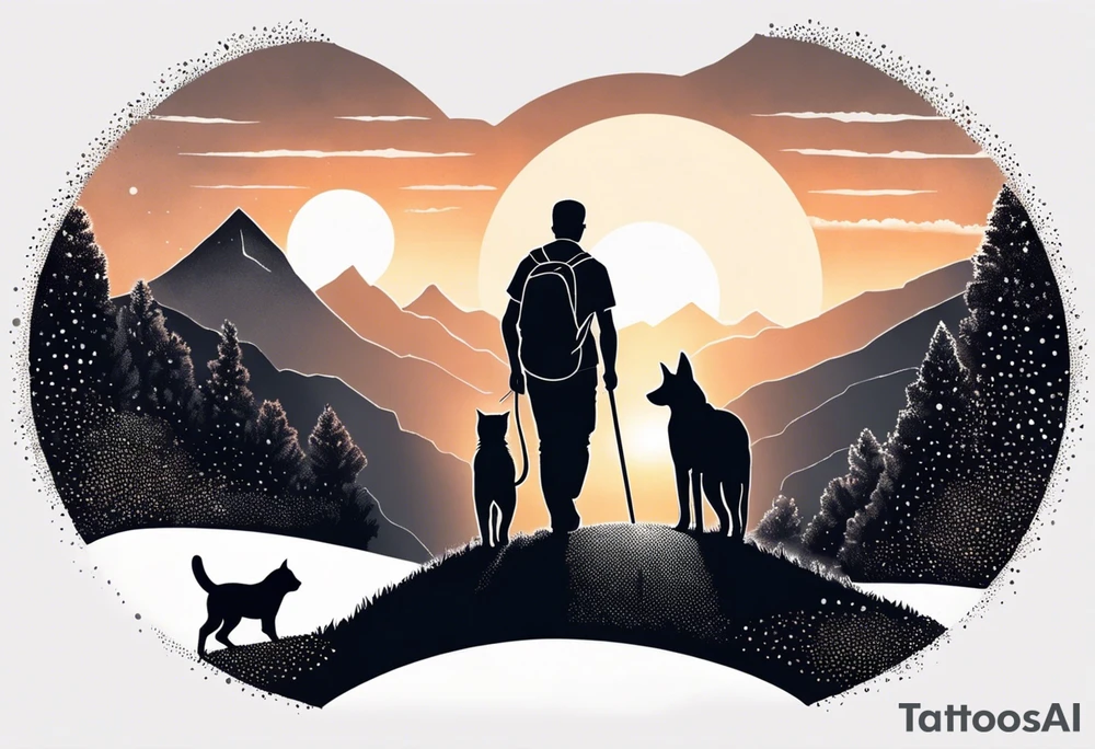 nature, sunset, mountains, a father and son hiking with their dog and cat and a cross tattoo idea