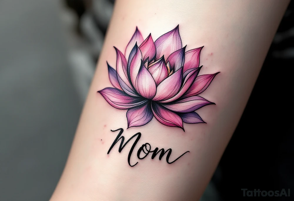 A lotus flower in pink or purple paired with the word “Mom” symbolizes beauty born through sacrifice and resilience. tattoo idea