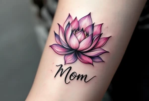 A lotus flower in pink or purple paired with the word “Mom” symbolizes beauty born through sacrifice and resilience. tattoo idea
