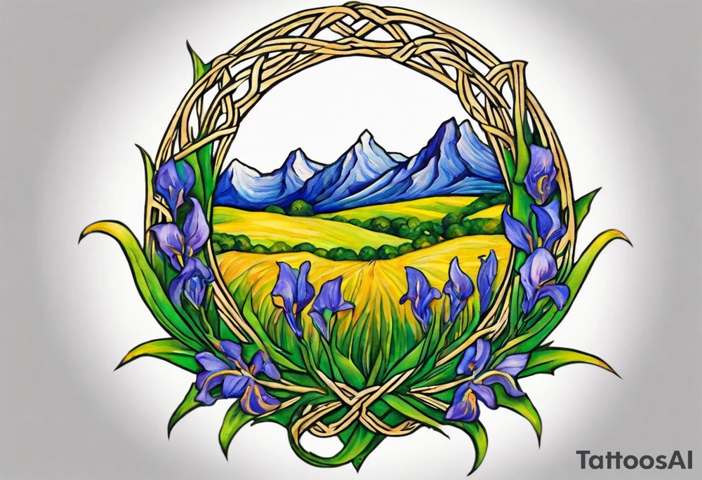 Create a small, colorful Vincent van Gogh Irises tattoo in the form of a crescent, with vines in Celtic knot style gracefully intertwining at a central point in the middle of the wreath. The intended placement is on the upper chest. The middle needs mountains. The overall design should be small in size while maintaining a delicate and artistic aesthetic. Pay attention to the graceful flow of the vines and the placement of the irises to achieve a refined and elegant look. tattoo idea