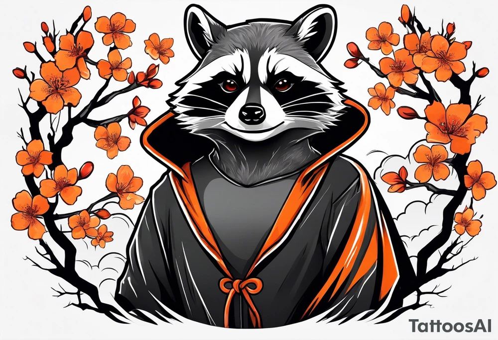 Raccoon wearing a white Superman logo on a black hoodie and orange Japanese cherry blossoms beside tattoo idea