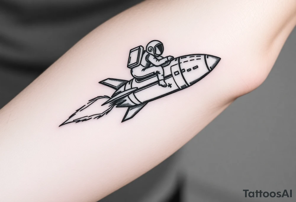 Rocket ship with sparks coming out of the back and astronaut riding it tattoo idea