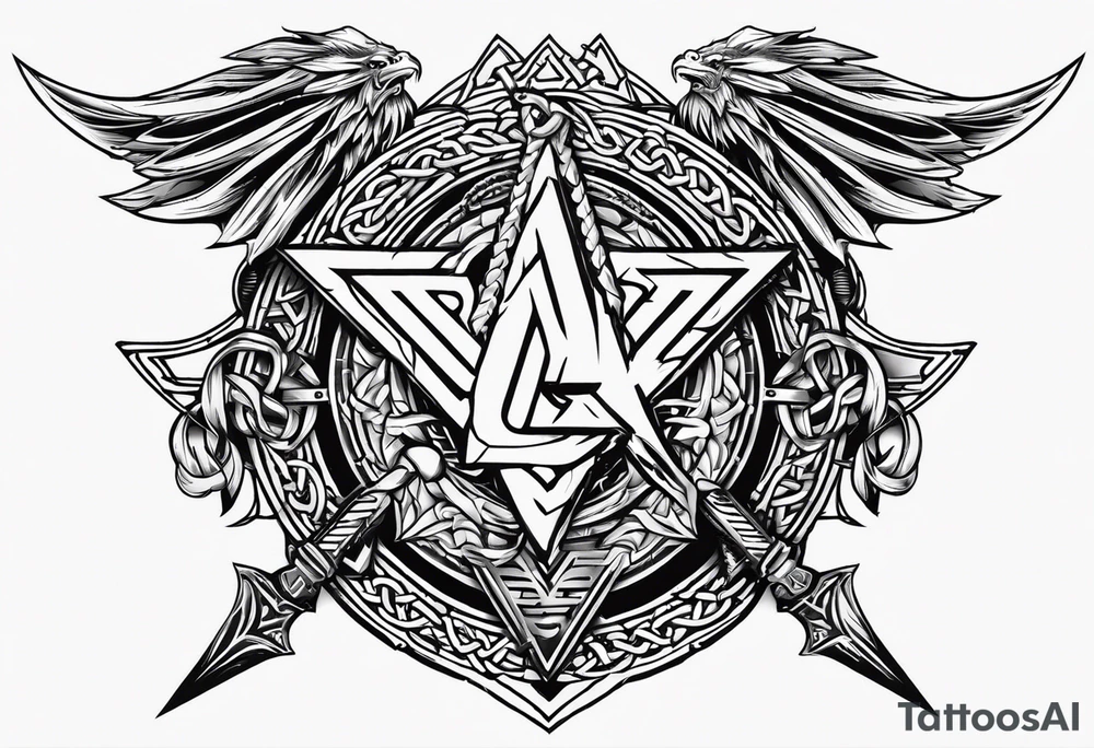 Valhalla sword shield dragon axe Valknut barbed wire chains tattoo idea Valhalla sword shield dragon axe Valknut barbed wire chains tattoo idea