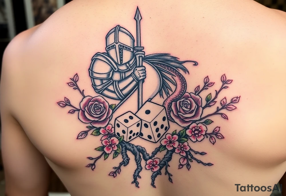 knight and squid intertwined with climbing roses and tree roots with cherry blossoms rolling dice tattoo idea
