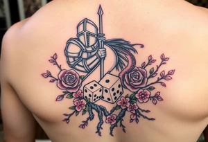 knight and squid intertwined with climbing roses and tree roots with cherry blossoms rolling dice tattoo idea