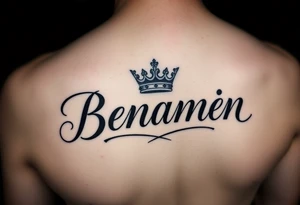 The name Benjamin with a kings crown at the front, on the left side of a women’s chest in cursive tattoo idea
