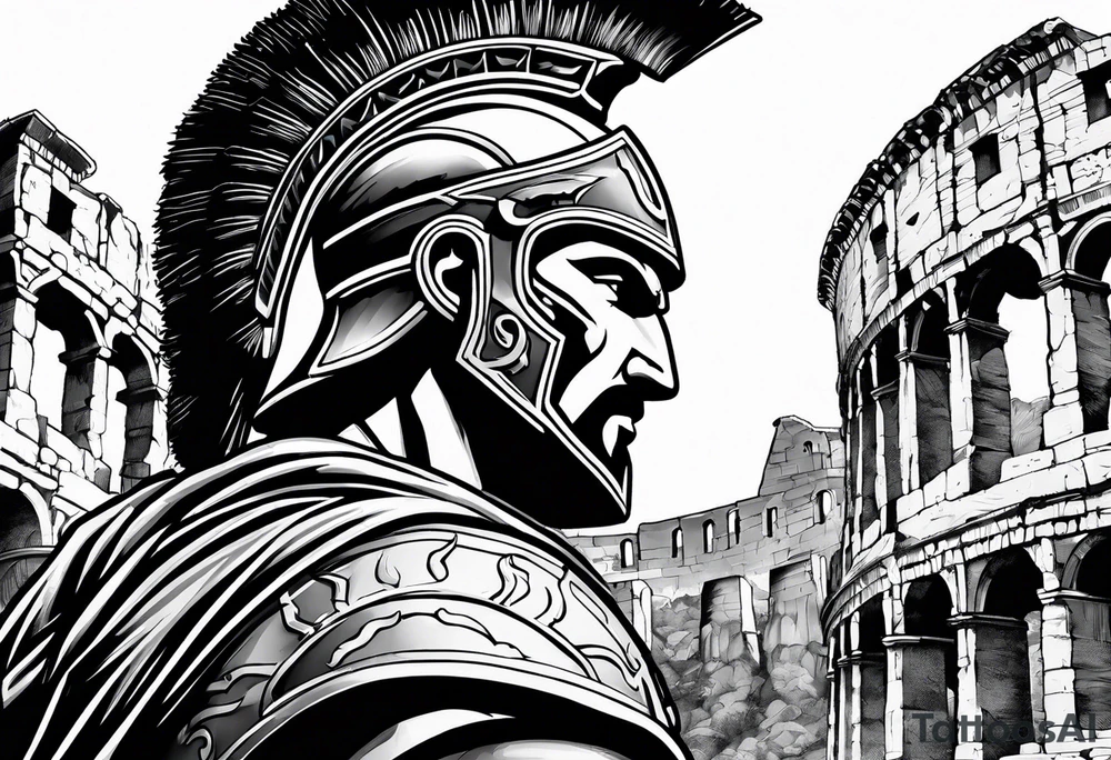 Close up of spartan solider face looking left at distant roman ruins tattoo idea