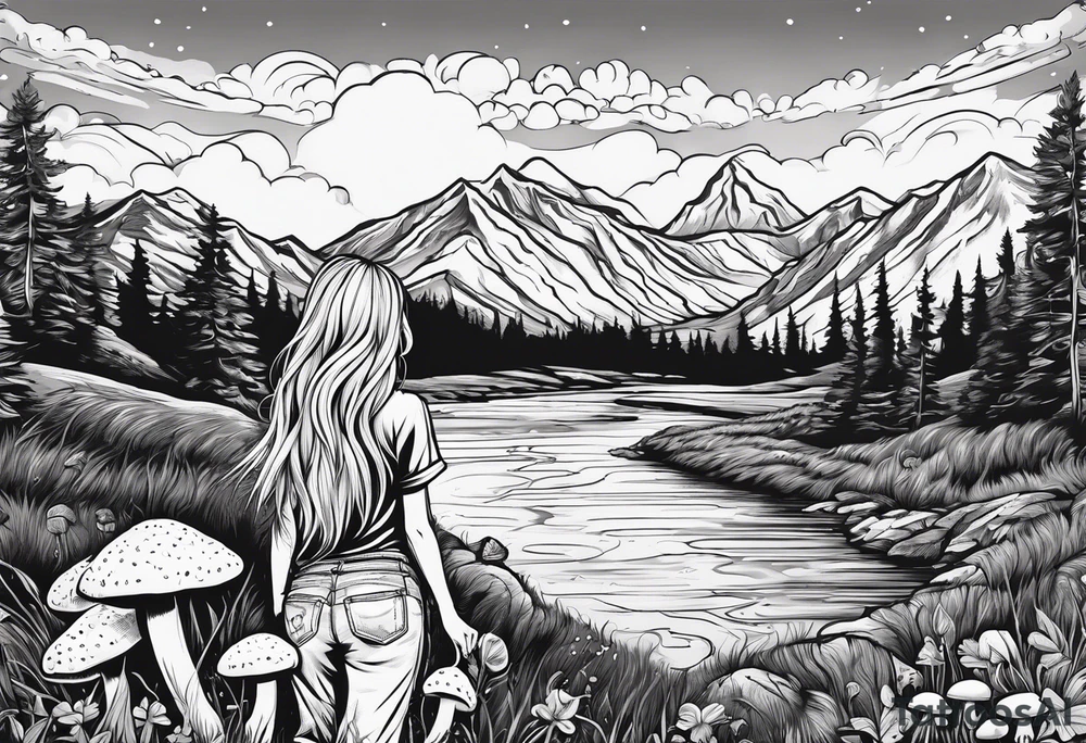 Straight long blonde hair hippie girl in distance holding mushrooms in hand facing away toward mountains and creek surrounded by mushrooms tee shirt and hiking pants tattoo idea