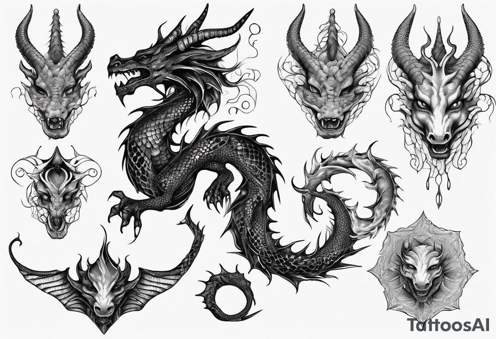 dragon with horns, mane, scales all over the body tattoo idea
