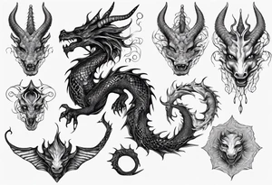 dragon with horns, mane, scales all over the body tattoo idea