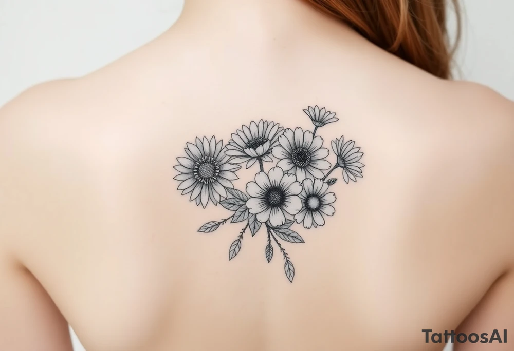 Flower bouquet with chrysanthemum, poppy, cosmo, daisy tattoo idea