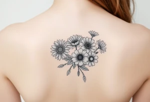Flower bouquet with chrysanthemum, poppy, cosmo, daisy tattoo idea