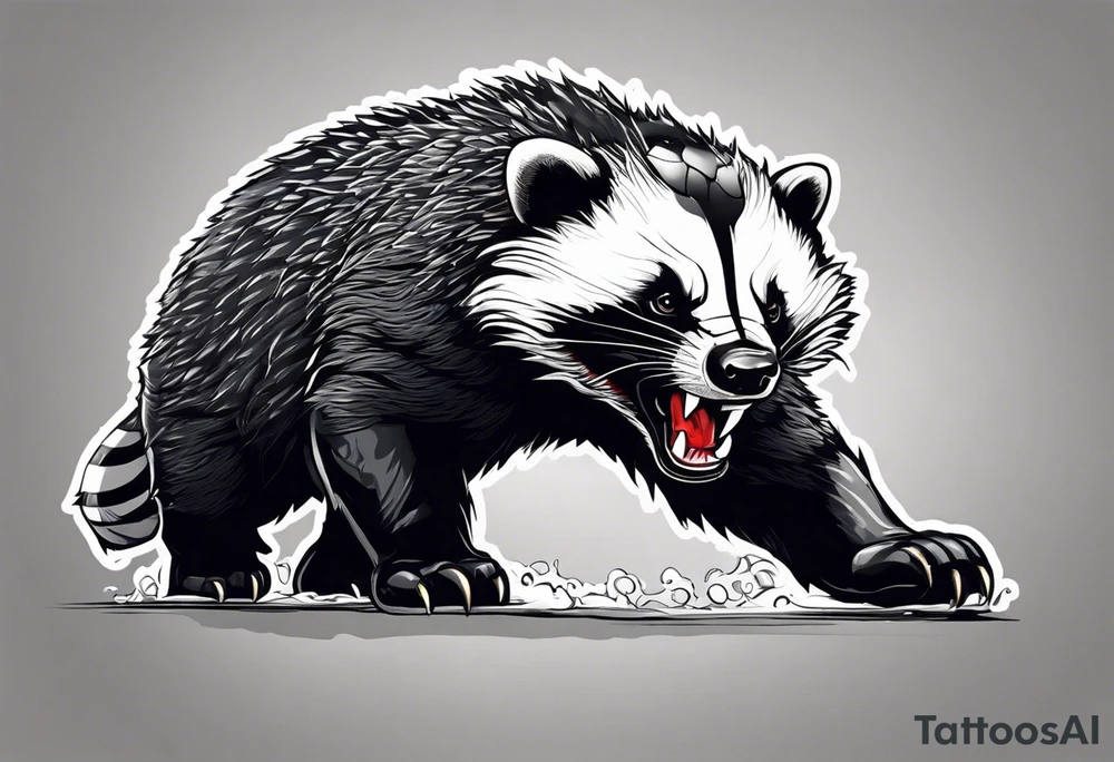 Draw me psychopath Fearless Honey Badger/Berserker with aggressive full body, killer face with a scary smile, very long nails and he attacks like a Bloody Assassin/Warrior/Gladiator to us and also, he has very deadly looking. He fights with his nails only. Everybody scares after their first sight. Give me horror type Badger Tattoo. I want to see his Realistic full body with no weapons. You can show destruction at the back. tattoo idea