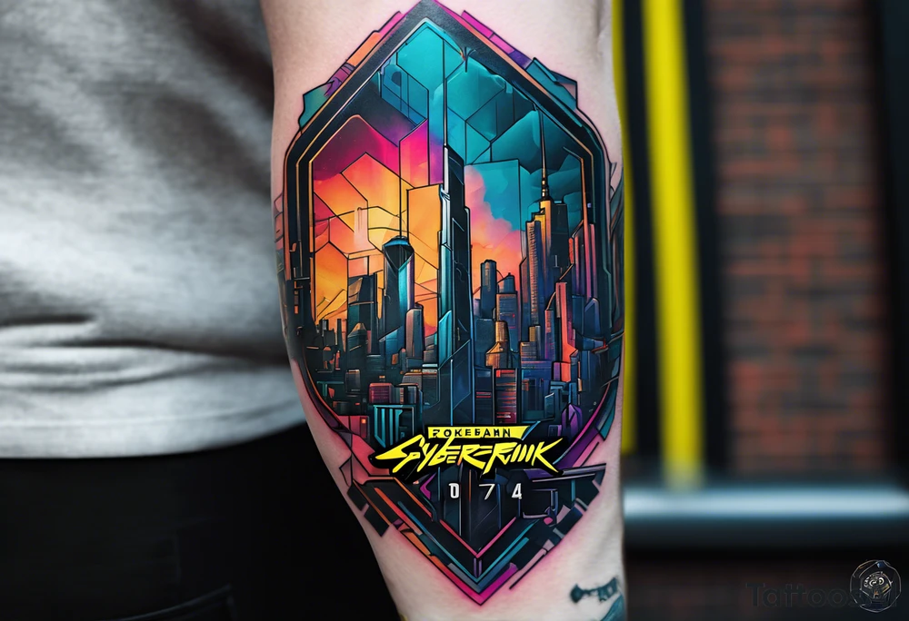 cyberpunk 2077, forearm tattoo, geometric, subtle, men, city skyline, bright colour, panam palmer tattoo idea