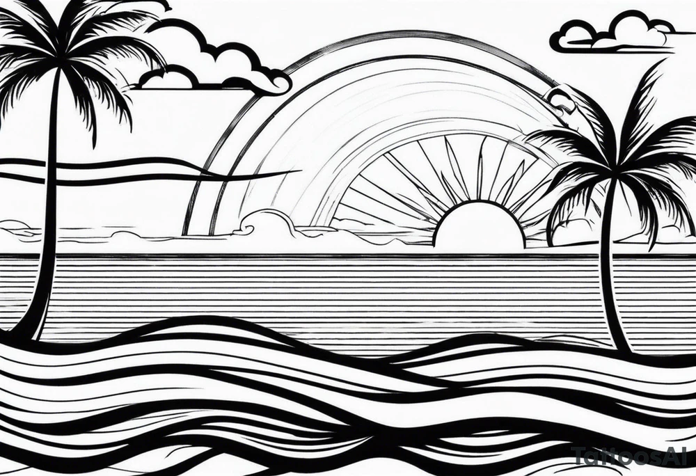 palm tree front of a sun and waves tattoo idea