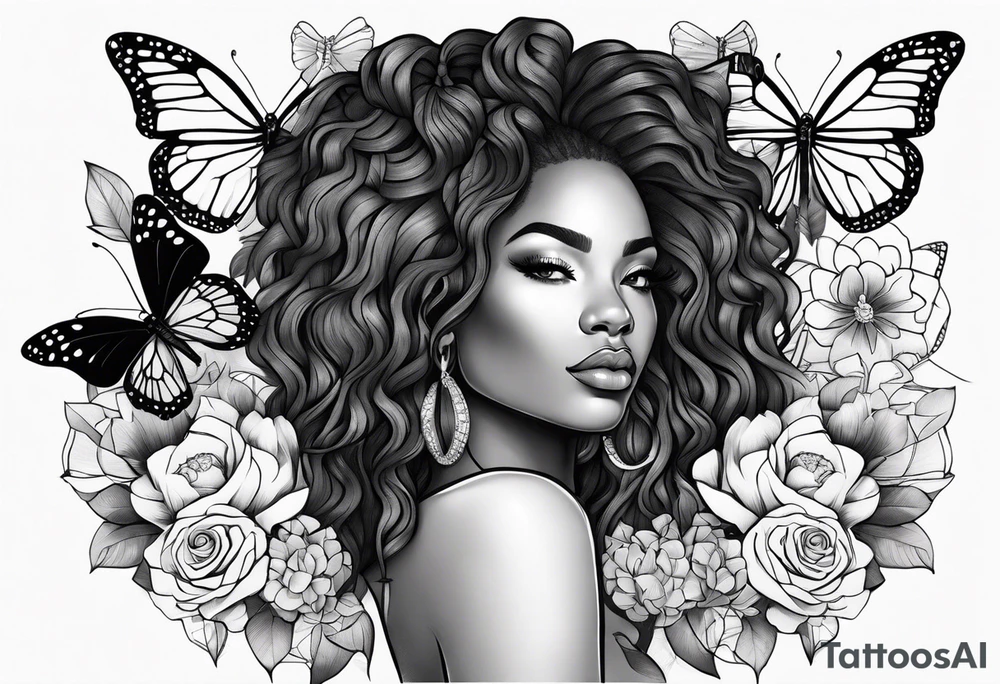 Black women body with a lion, flowers and butterflies tattoo idea