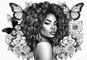 Black women body with a lion, flowers and butterflies tattoo idea