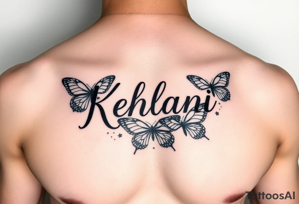 the name kehlani with butterflies on chest tattoo idea