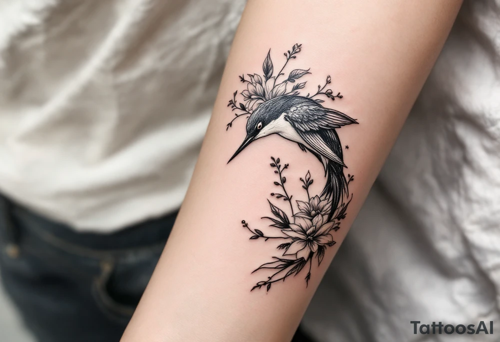 Diving bird with floral tattoo idea