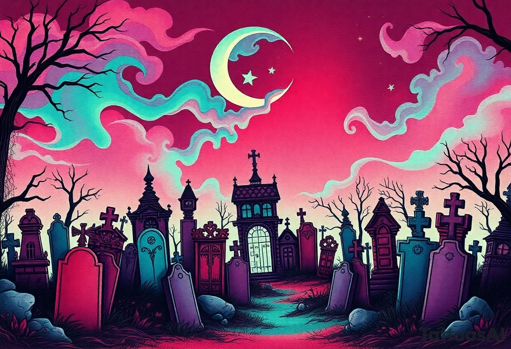 Tim Burton’s haunted victorian graveyard is abandoned and dripping with muted reds, dusty pinks, and eerie green glow.purple and cyan smokey clouds swirl in the crescent moonlit sky thats sprinkled with stars tattoo idea tattoo idea