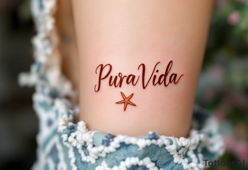 Beachy “Pura Vida” in brown ink with a tan seashell and starfish sketched in pastel peach. tattoo idea