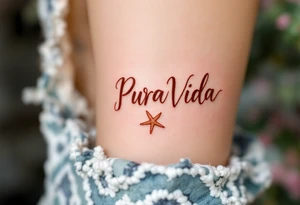Beachy “Pura Vida” in brown ink with a tan seashell and starfish sketched in pastel peach. tattoo idea