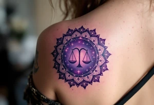 A  cosmic mandala in deep purple encircles the Libra star constellation with the zodiac glyph at its heart. tattoo idea