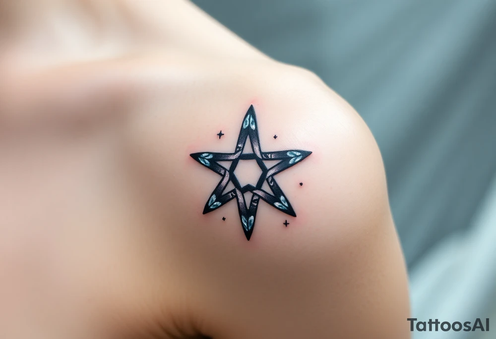 An icy pentagram with sharp crystal edges, surrounded by a cold mist and floating frost particles. tattoo idea