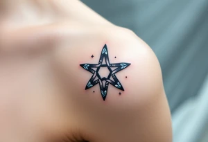 An icy pentagram with sharp crystal edges, surrounded by a cold mist and floating frost particles. tattoo idea