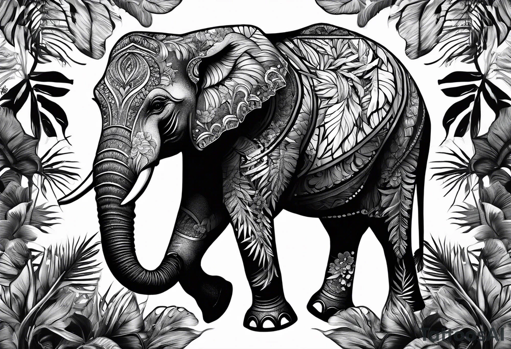 “A majestic elephant with its trunk raised, surrounded by tropical foliage, symbolizing memory and strength tattoo idea