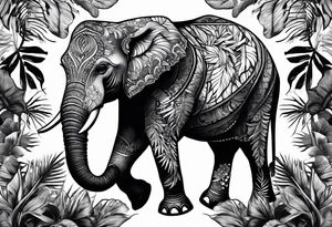 “A majestic elephant with its trunk raised, surrounded by tropical foliage, symbolizing memory and strength tattoo idea