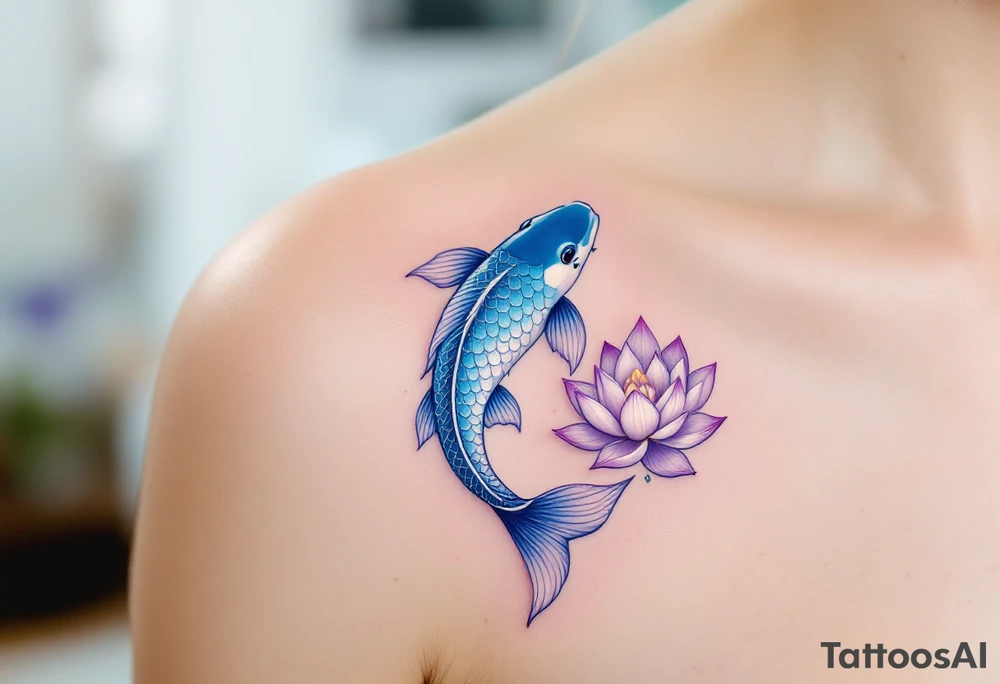 Blue and Silver Koi with Lotus Flowers – A calming blue koi accented with silver scales, surrounded by blooming lotuses in shades of pale purple and white, symbolizing purity and transformation. tattoo idea