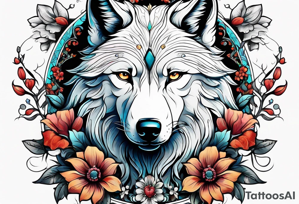 Wolf, flower, cross tattoo idea