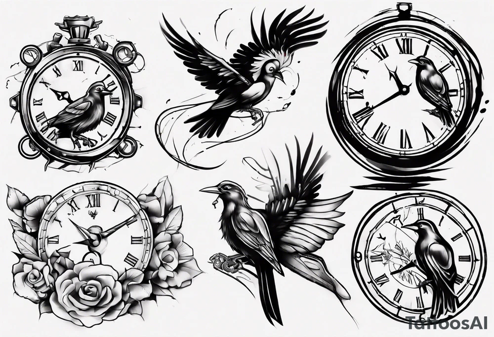 clock breaks into birds tattoo idea