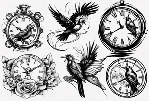 clock breaks into birds tattoo idea