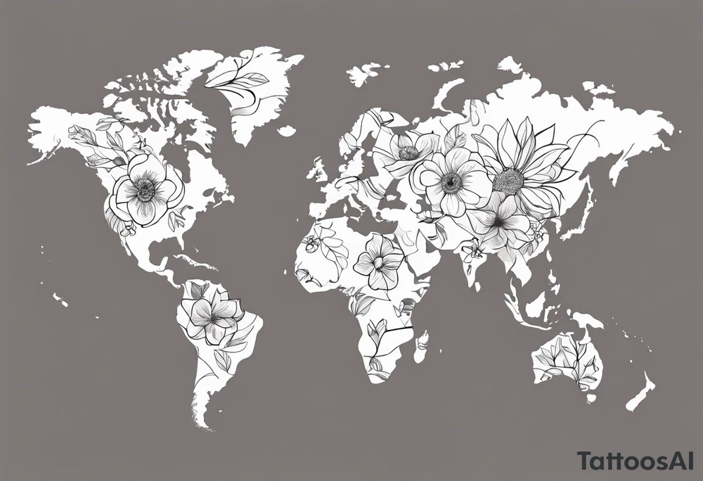 World map with floral design tattoo idea