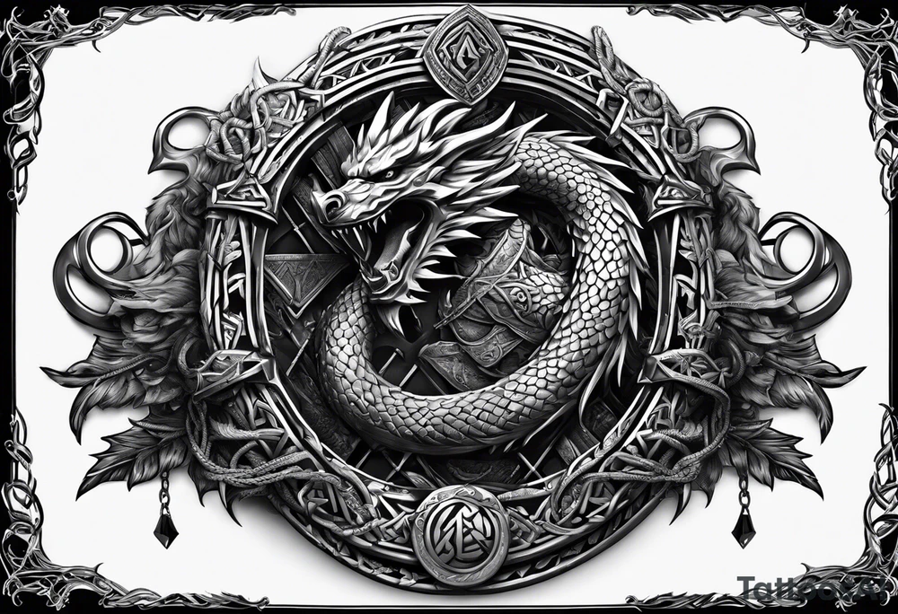 Valhalla sword shield dragon axe Valknut barbed wire chains fire tattoo idea