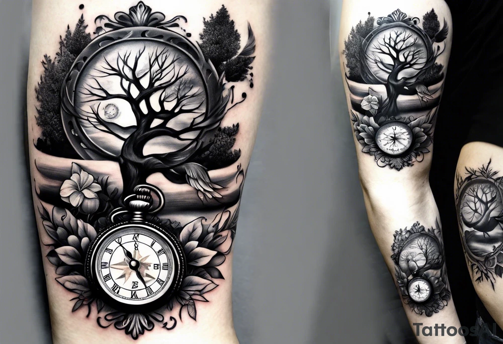 black and grey composition of three elements, 1), combination old school pocket watch and nautical compass, 2) a tree of life and 3) a doctor bird, connected together by lignum vitae flowers, on the arm 3/4 sleeve tattoo idea