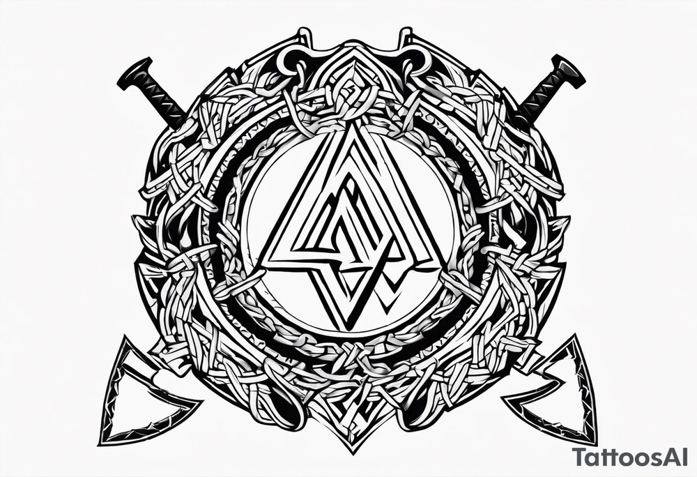 Valhalla round shield axe
Valknut barbed wire chains tattoo idea Valhalla round shield axe
Valknut barbed wire chains tattoo idea
