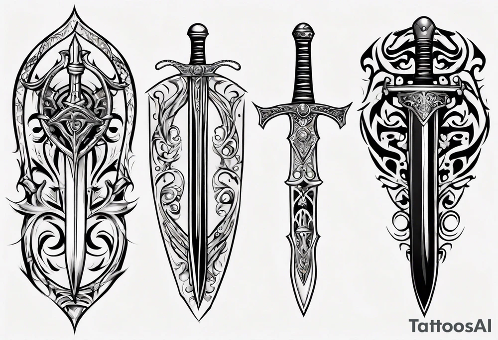 Sword behind shield filigree tattoo idea