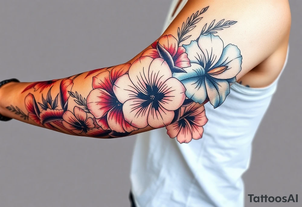 Fore arm tattoo in the neo american traditional style. I want to incorporate a few different flowers: Poppies, Morning Glory, Narcissus tattoo idea