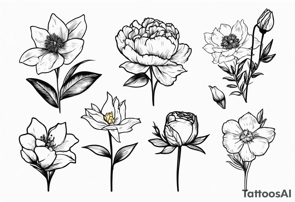small minimal flower bouquet with a peony, larkspur, rose, and daffodil with stems showing tattoo idea