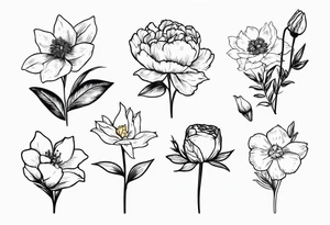 small minimal flower bouquet with a peony, larkspur, rose, and daffodil with stems showing tattoo idea