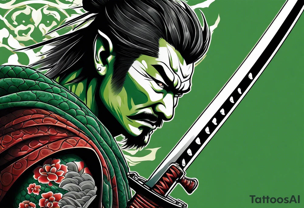 Ronin with drawn Katana in front of green dragon scale background in irezumi style tattoo idea