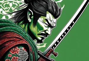 Ronin with drawn Katana in front of green dragon scale background in irezumi style tattoo idea