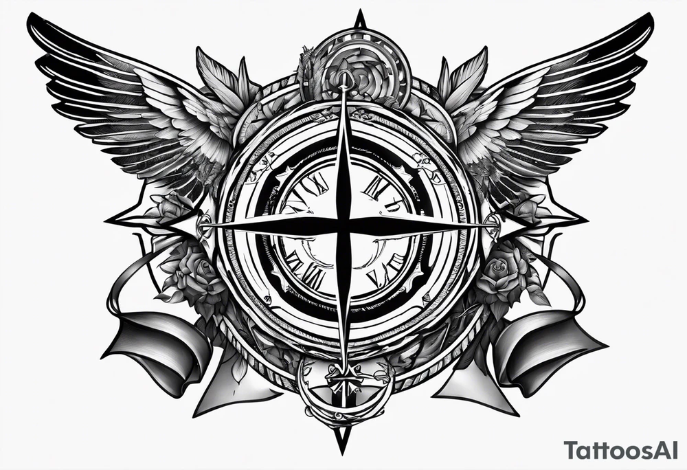 PTSD with ribbons, compass and cross sleeve tattoo idea