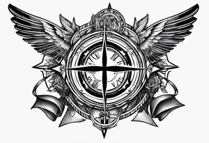 PTSD with ribbons, compass and cross sleeve tattoo idea